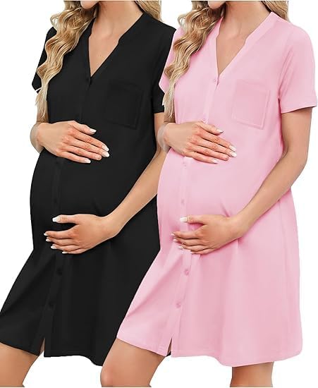 ELESOL 2 Pack Maternity Nightgown Button Down Nursing Gown 3 in 1 Breastfeeding Sleepwear V Neck Short Sleeve Delivery Dress