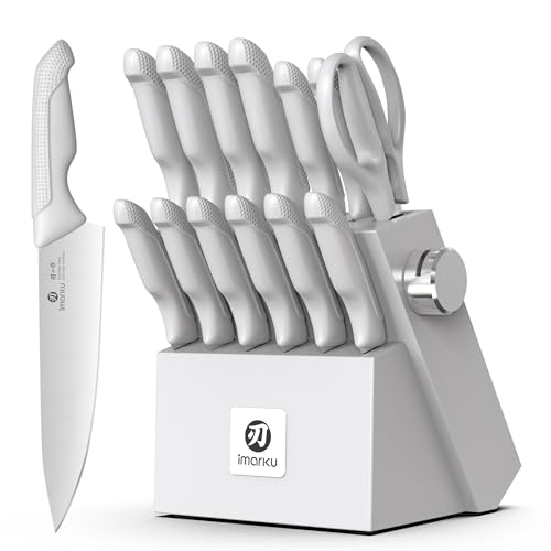 imarku 14-Piece Kitchen Knife Set, Gray Gyutou Knife Sets with Block and Build-in Sharpener, Ultra-Sharp Steak Knives Set of 6, Ergonomic Handle, Dish