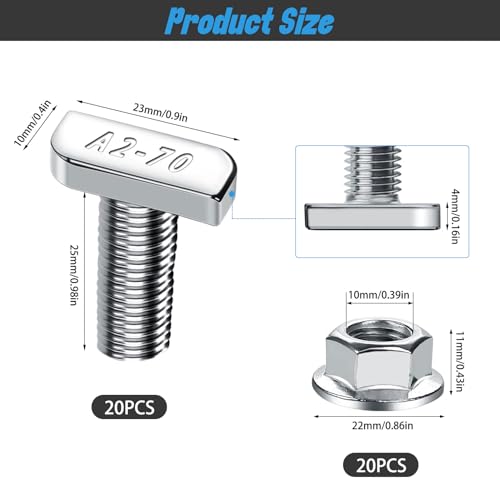 Forbabe 20 Stück Hammerkopfschrauben M10x25mm, Edelstahl T Schrauben und Flanschmuttern M10 für PV Solar Montageschienen Photovoltaik Gewächshaus Schrauben (10mm)