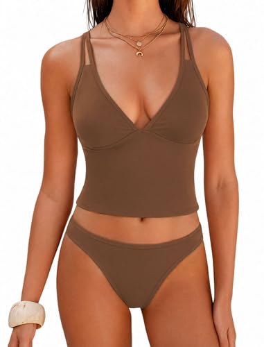 Image of ZAFUL Tankini Swimsuits for Women V Neck Dual Straps Cropped Bikini Swimsuit High Cut 2 Pieces Bathing Suit