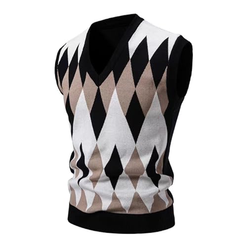 Men's Pullover Sweater Vest Sleeveless V-Neck Slim Fit Color Blocks Argyle Sweaters Vests Winter Warm Waistcoat