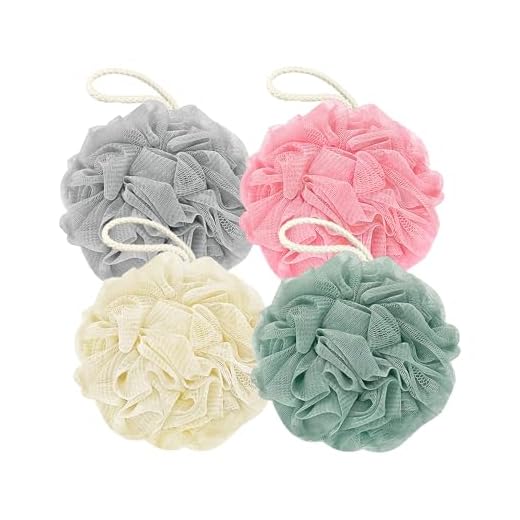 Rnoafmu Shower Loofah Bath Sponge, 60G Loofah Exfoliating Body Scrubber, 4 Color Mesh Shower Pouf Balls for Body Wash (Ice Cream)
