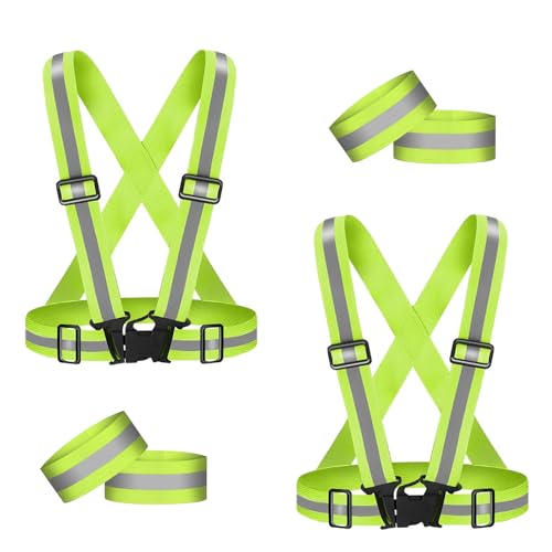 Chalecos Reflectantes,2 Packs Chaleco de Seguridad y 4 Reflectante Brazalete Reflectante,Chaleco Reflectante Alta Visibilidad Elástica Ajustable para Correr,Senderismo,Ciclismo,Carreras,Motorista