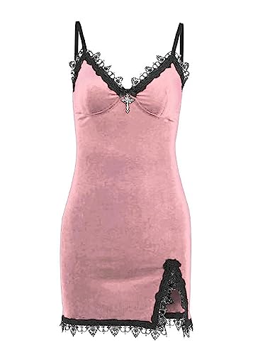 TSMNZMU Damen Gothic Minikleid Samt Ärmellos Lolita Kleider Emo Grunge Punk Kleid Goth Sexy Neckholder Kleid, Ärmellos, Rosa, Groß