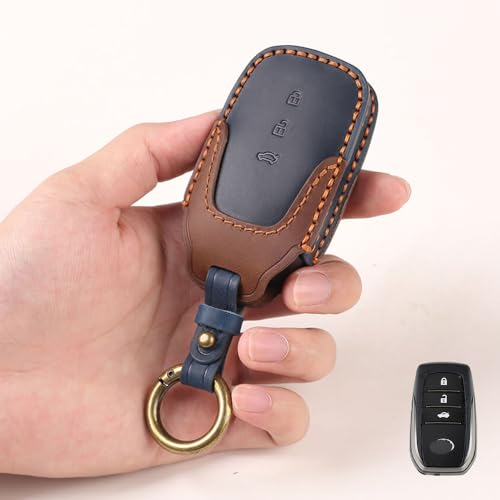 Image of Keyzone Dual Leather Key Cover for Toyota Fortuner, Legender, Land Cruiser, Innova HyCros, 3 Button Smart Key (Blue-Brown)