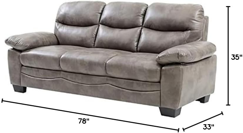 Pemberly Row Modern Faux Leather Sofa, Gray Finish, 78 in Wide, Tufted Pub Back, Padded Arms, Pocket Coil Seat, Medium Firmness, Living Room Seating, Seats Up to 3