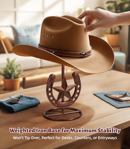 Cowboy Hat Stand, Hat Display, Western Horseshoe Decor, Cowboy Hat Holder | Hat Stands for Display Tabletop, Cowboys Gifts for Men, Desk Hat Rack for Fedora, Sun Hats,Straw Hats, Iron, Bronze, 2 Packs - Image 4