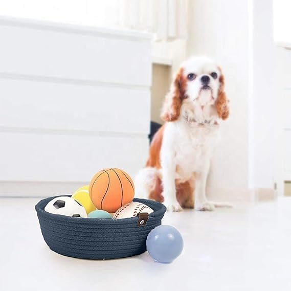 Image of Handmade Jute Cotton Storage Baskets Set of 3 for Dining Table, Fruit Basket & Roti Bowl, Cane Style Organizer for Kitchen, Home Decor, Washable Multipurpose (Dark Blue)