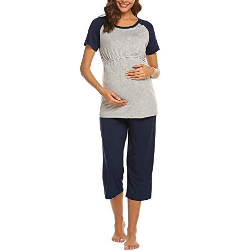 LZDseller01 Damen Still-Pyjama-Set, Schwangerschafts-Pyjama, kurze Ärmel, Oberteil, 3/4 Hose, doppellagig, bequem, nicht null, blau, Large