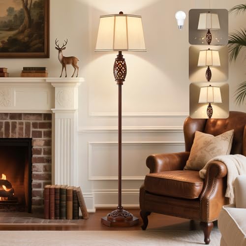 Image of Luvkczc Vintage Floor Lamp - Brown Carved Resin with Hollow Light Design | Rustic Standing Lamp for Living Room, Bedroom, Study(Bulb Included)