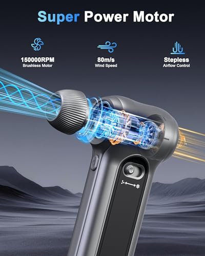 Image of Compressed Air Duster-150000RPM Brushless Motor, Stepless Speed, Rechargeable Powerful Cordless Blower, Portable Air Duster with LED & Magnifier, Nozzle Kit for Keyboard Electronics Car Home (Gray)