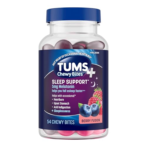 TUMS Heartburn Plus Sleep Support Chewable Dietary Supplement Tablets for Occasional Heartburn Relief Plus Sleep Support, Berry Fusion - 54 Count