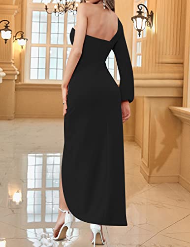 ZESICA Women's One Shoulder Long Sleeve Cocktail Dress Sexy High Slit Ruched Bodycon Wedding Guest Maxi Dresses4
