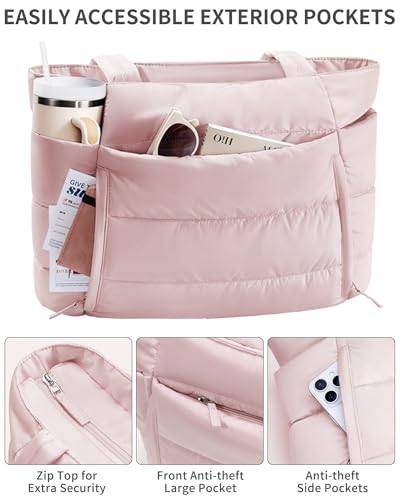 Image of Bagstellar Puffer Tote Bag for Women, Lightweight Puffy Work Handbag Teacher Nurse Quilted Shoulder Bag for School Travel Gym | Cloud Bag w / Zipper