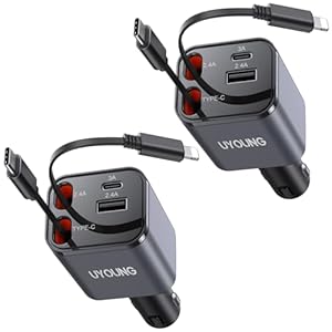 2Pack iPhone Car Charger Retractable Fast Phone Chargers, 4 in 1 Car Charger Cigarette Lighter Adapter with 2 Cables 30 Inch and 2 USB Ports, for iPhone 17/16/15/14/13/Pro, Gifts for Women Men