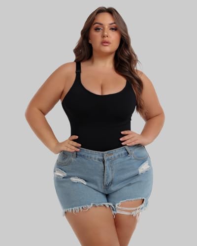 Plus Size Bodysuit Tummy Control Sleeveless Tank Top Built in Bust Support Black Shapewear for Curvy Women3