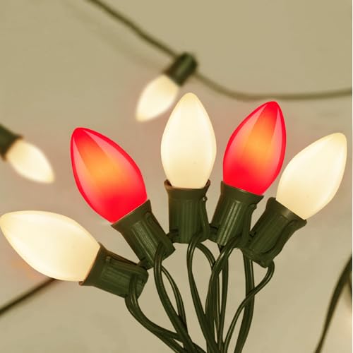 Image of C7 LED Red and White Christmas Lights, 25Ft Outdoor Christmas Decorations Light with 27 Shatterproof LED Bulbs, Hanging Vintage Christmas Lights for Christmas Tree Roofline Holiday Party Backyard
