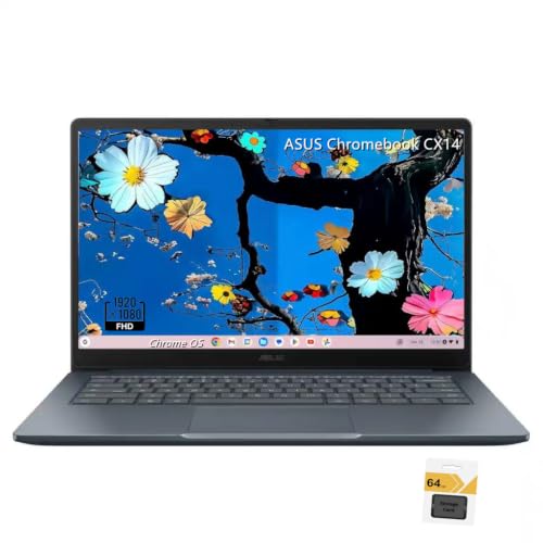 Image of ASUS Chromebook CX14 Laptop, 14 inch FHD (1920 x 1080) Display, Intel Celeron N50, 4GB LPDDR5 RAM, 64GB eMMC Storage, Chrome OS, Wi-Fi 6, Dusk Gray, Lightweight Laptop, TWE 64GB Micro SD Card