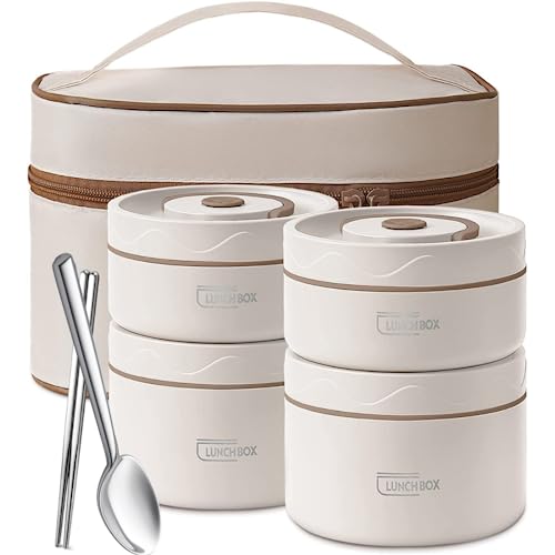 Image of 4 Container Insulated Lunch Box Set Food Lunch Container Bento Box Snack Box for Picnic & Office (Royal Cream)