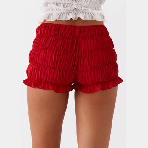 Image of NUFIWI Women's Y2k Ruched Mini Shorts Low Waist Ruffle Frill Bloomers Lounge Pajamas Smocked Micro Shorts Sleepwear