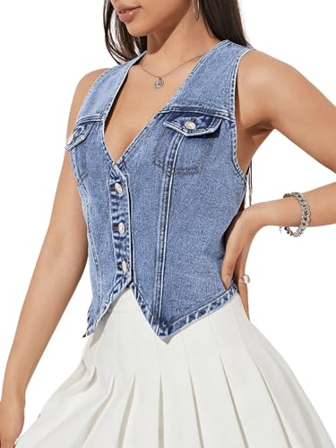 GORGLITTER Women's Denim Vest Sleeveless Jean Vest Crop Denim Tank Top Flap Pocket Button Front Y2K Vest 20253