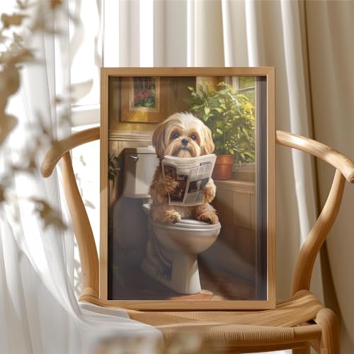 Image of Shih Tzu on Toilet Wood Framed Wall Art Print Poster, Dog Bathroom Humor Decor Posters Prints for Restroom Home Picture Painting Artwork Gallery 7 (Shih Tzu, 10 inchL x 8 inchW, Wood Frame)