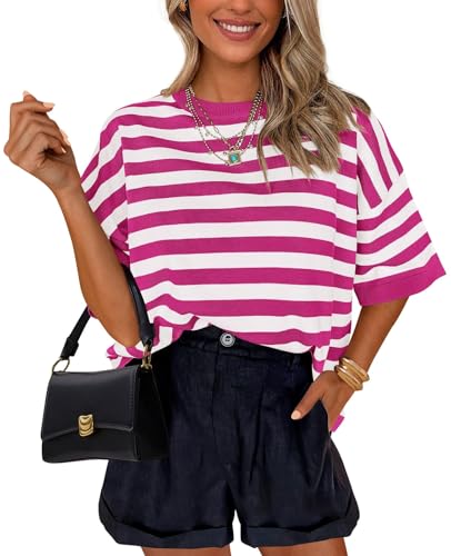 PRETTYGARDEN Womens Spring Summer Tops Fashion Striped Short Sleeve Sweater Crew Neck Lightweight Knit Oversized Shirts 2025