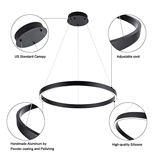 Image of MADEM Modern Black LED Pendant 1-Ring Circular Contemporary Chandelier | Room Decor 23.6'' Flush Mount Pendant Lighting for Living Dining Room Bedroom, 6000K Cool White,Black