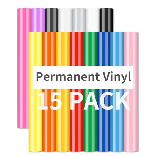 Permanent Vinyl - 15Pack Adhesive Vinyl Assorted Colors, Permanent Bundle with PET Backing Never...