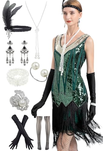 Image of Peacock-inspired 1920s Gatsby Beaded Flapper Sling Dress Womens Vintage Cocktail Dress W /Complete Accessories Set