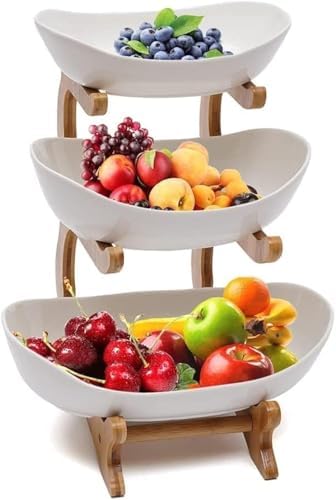 Dreamhigh® Keramik Obst Etagere mit 3 Etagen, Platzsparendes Obstkorb Etagere für die Familie, Stabil Und Ohne zu Zittern, Obstschale Modern mit Natürlichem Bambus Steher, für Gemü