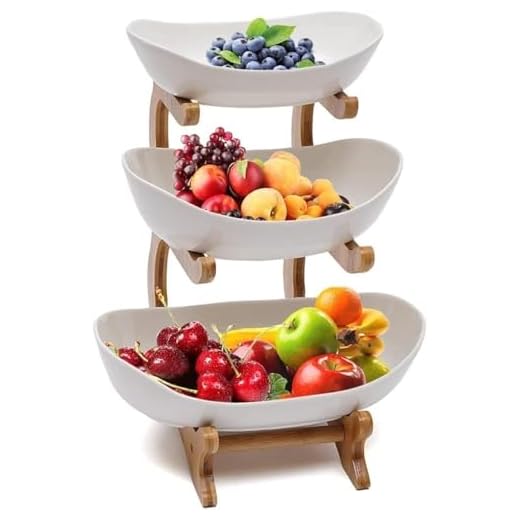 Dreamhigh® Corbeille a Fruit 3 Etages en Céramique, Domestique Stable et Non Tremblante, Panier de Legumes avec support en bois résistant pour la décoration de cuisine-(Blanc)
