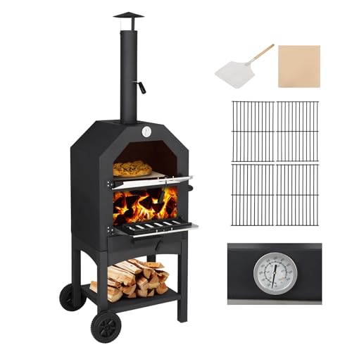 ROVSON Outdoor Pizza Oven Wood Fired Pizza Oven with Chimney & Pizza Stone BBQ Pizza Cooker for Garden Patio Party Camping