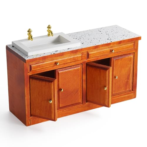 Odoria Puppenhaus Spüle Miniatur Schrank: 1/12 Maßstab Küchentheke mit Waschbecken für Vintage Restaurant Badezimmer Speisekammer Antik Retro - Mini Küche Möbel Braun Holz DIY