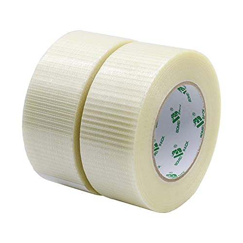 BOMEI PACK Transparent Bi Directional Filament Ruban Adhésif, Ruban d'emballage renforcé de fibres filament Renfort et cerclage ruban adhésif robuste adhésif, 50m x 50mm(Pack de 2)
