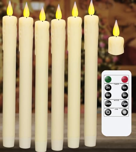 Image of KSWING Upgraded Real Wax LED Flameless Taper Candles with Remote, 6 PCS Ivory Dripping Candlesticks Battery Operated 3D Flickering - 9.6 inch Long Realistic Fake Candle Sticks for Home /Wedding /Xmas Decor