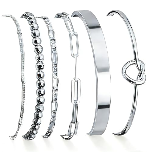 JGVG 6Pcs Gold Bangle Bracelets for Women 14K Gold Plated Non Tarnish Waterproof Fashion Trendy Stackable Chunky and Thin Bracelet Sets for Women