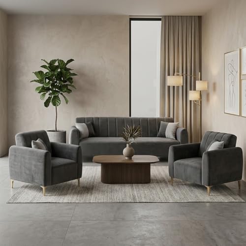 Image of Habibi Rich Velvet Suede 3+1+1 Seater Sofa Set | Spacious Soft Touch Comfort Seating | 5 Person Seating | Modern Living Room Sofa Set (Dark Gray)