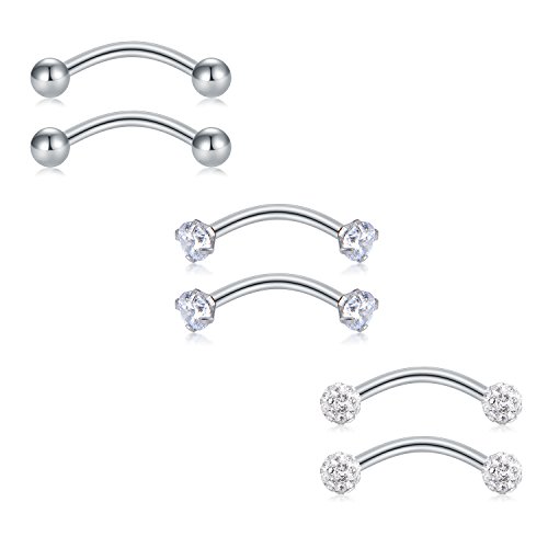 VF VFUN 16G Acier Chirurgical 316L Boucle & CZ Piercing Lèvre Sourcil Nombril Anneaux Piercing Helix Tragus Rook Oreille Bananes Arcade Piercing 10mm - 6 Pièces