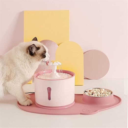 Image of Cawypety Cat Drinking Fountain, Water Dispenser for Cats with Water Level Window, Cat Flower Art Water Bowl, Hygiene Filter, Pet Drinking Fountain (Pink)