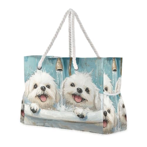 Cute Maltese Dogs Vintage Bathtub Sandproof Personal Item Travel Bag with side pocketes Bag For Work for Travel Gym Vacation