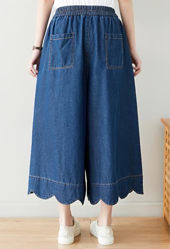 chouyatou Women's Cute Scalloped Hem Baggy Capri Jeans Wide Leg Elastic Waist Cropped Denim Pants with Pockets3