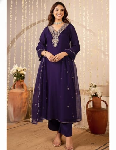 Image of Nermosa Women Embroidery Solid Anarkali Kurta and Pant Set with Dupattas