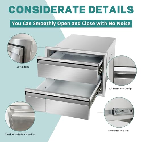 Image of Outdoor Kitchen Drawers 18 inch W x 13 inch H x 21 inch D Stainless Steel Drawer BBQ Double Drawers with Hidden Handle for Outdoor Kitchen Island, Patio Grill Station