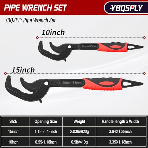 Pipe Wrench Set, 10” and 15” Self Adjusting Wrench 2-Piece Plumbing Tools - Pipe Vise Wrench Basin Wrench for 0.55“-2.48”/14-60mm Standard Nuts, Irregular Nuts, Pipes Use - Image 3