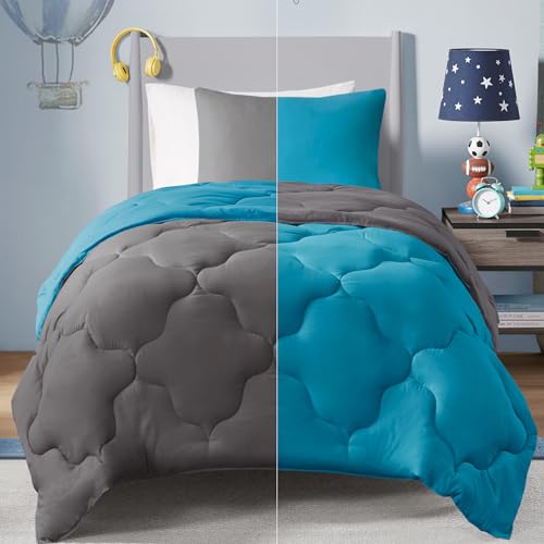 Image of Comfort Spaces Vixie Reversible Comforter Set - Trendy Casual Geometric Quilted Cover, All Season Down Alternative Cozy Bedding, Matching Sham, Teal /Charcoal, Twin /Twin XL 2 piece
