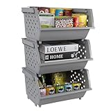 CadineUS 3 Pack Large Open Front Stacking Storage Bins, Plastic Stackable Basket , Gray