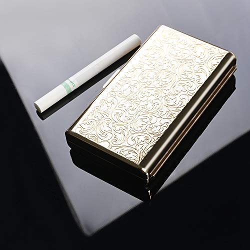 Retro Metal Cigarette Case Box -Double Sided Spring Clip Open Pocket Holder for 14 100s Cigarettes, Credit Card Holder Protective Security Wallet for Men and Women (Golden)