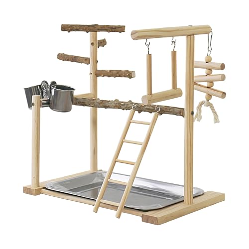 オウムプレイジム |トレイとカップ付き止まり木ジム - 鳥の止まり木、エクササイズプレイジム、オカメインコ用の鳥のおもちゃ おもちゃ オカメインコのはしご 鳥とまり木 鳥の運動おもちゃ 運動プレイジム