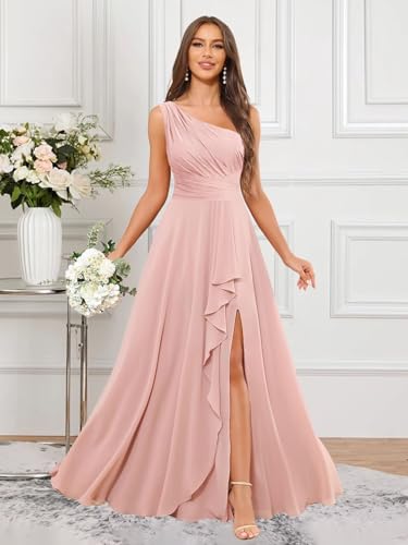 One Shoulder Bridesmaid Dresses for Women with Slit Long Chiffon Pleated A Line Formal Evening Dress2